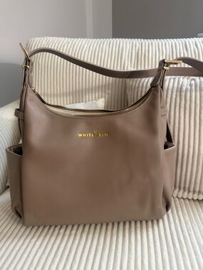 White + Elm Taupe Leather Shoulder Bag with Gold Logo